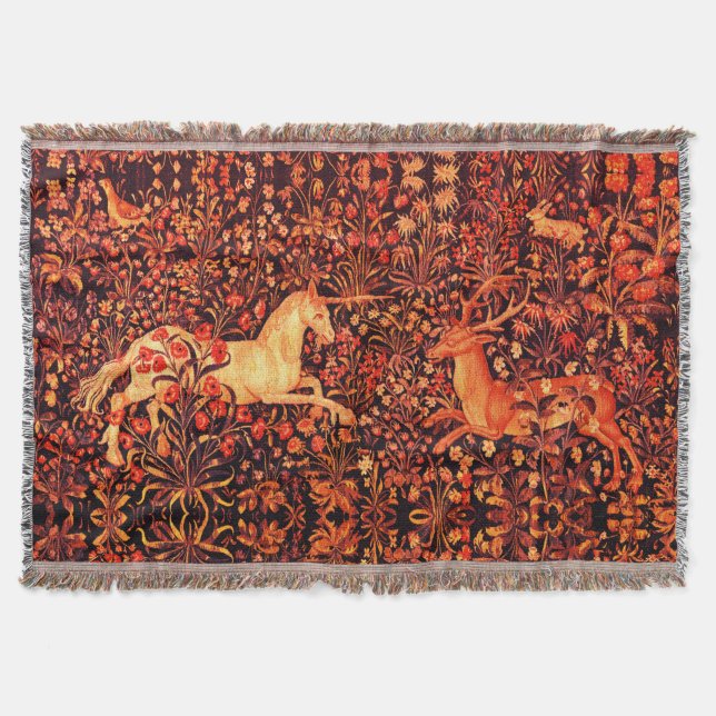 UNICORN OCH HJORT,FLÖDEN,SKOGSDJUR Röd Blommigt Filt (Framsidan)