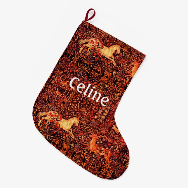 UNICORN OCH HJORT,FLÖDEN,SKOGSDJUR Röd Blommigt Stor Julstrumpa (Framsidan (Hängande))