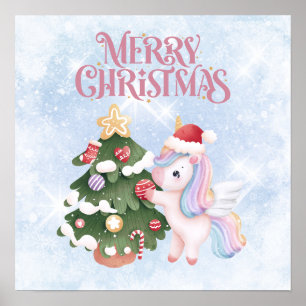 Unicorn och Julgran vid Gnistra Blå himmel Poster