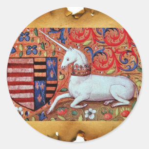 UNICORN- OCH MEDIEVALFLÖDEN,FANTASY BLOMMIGT MOTIF RUNT KLISTERMÄRKE