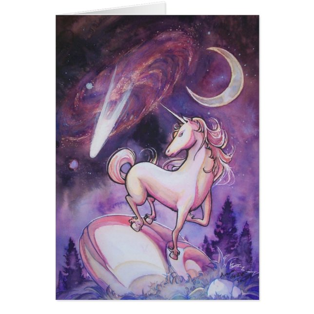 Unicorn- och natthimmel hälsningskort (Framsidan)