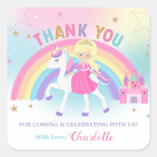 Unicorn och Princess Birthday Tack Favor Fyrkantigt Klistermärke