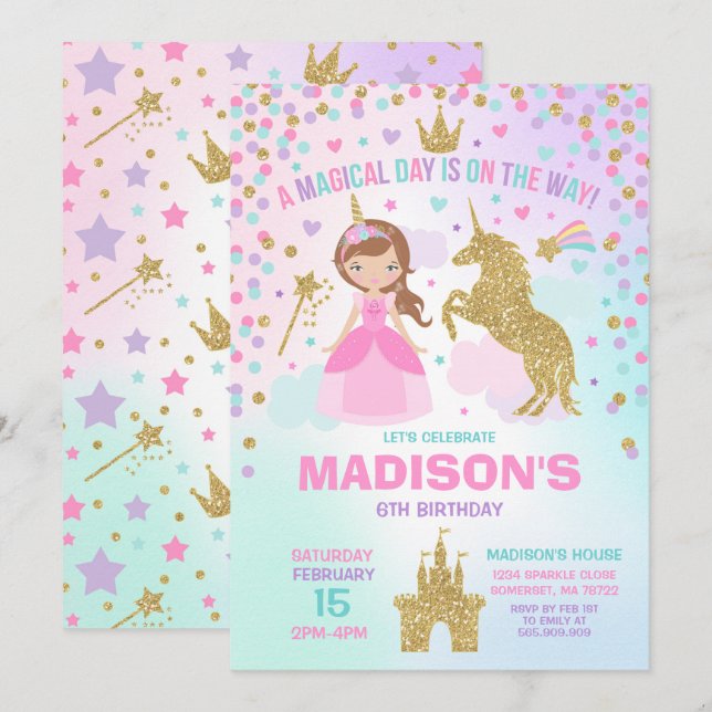 Unicorn och Princess Bjud Inbjudningar (Fram/baksida)