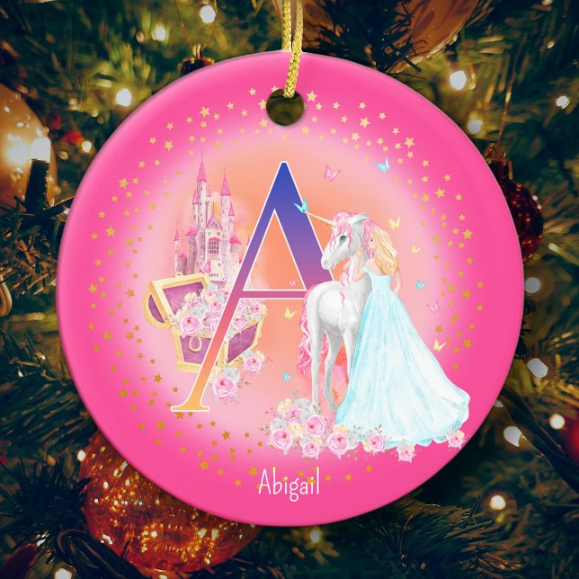 Unicorn och Princess Brev A Monogram jul Julgransprydnad Keramik (This pretty pink monogrammed Christmas ornament is perfect for your little princess!)