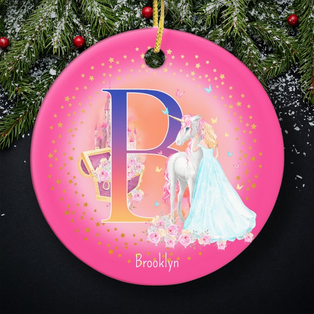 Unicorn och Princess Brev B Monogram jul Julgransprydnad Keramik (This pretty pink monogrammed Christmas ornament is perfect for your little princess!)