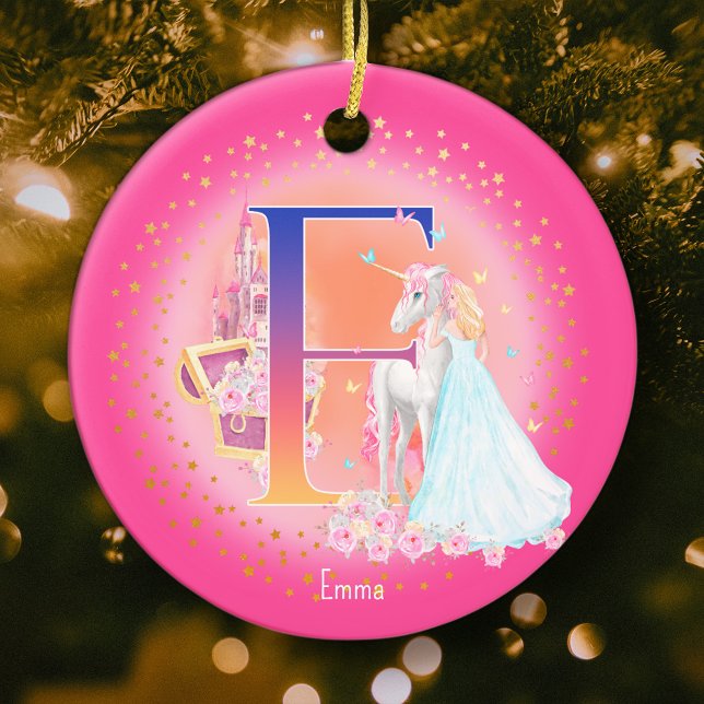 Unicorn och Princess Brev E Monogram jul Julgransprydnad Keramik (This pretty pink monogrammed Christmas ornament is perfect for your little princess!)