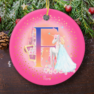 Unicorn och Princess Brev F Monogram jul Julgransprydnad Keramik