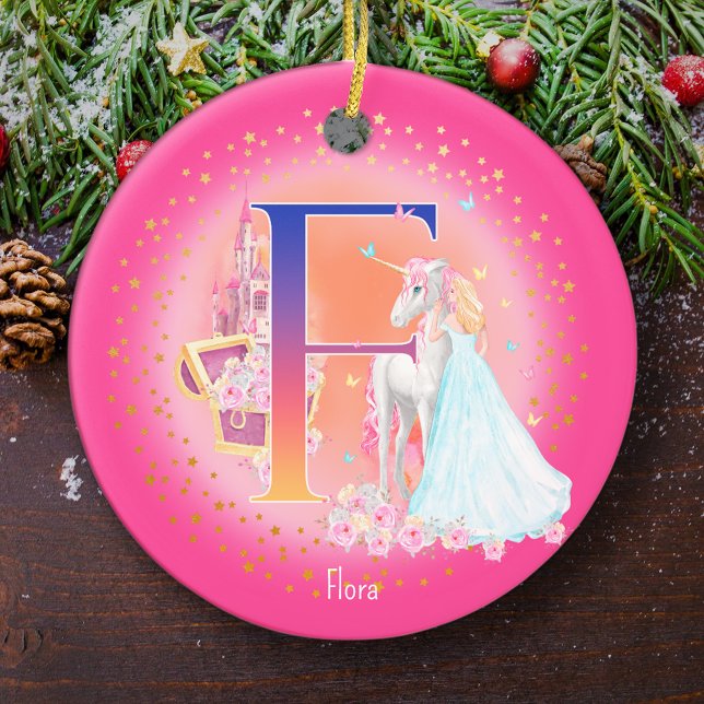 Unicorn och Princess Brev F Monogram jul Julgransprydnad Keramik (This pretty pink monogrammed Christmas ornament is perfect for your little princess!)