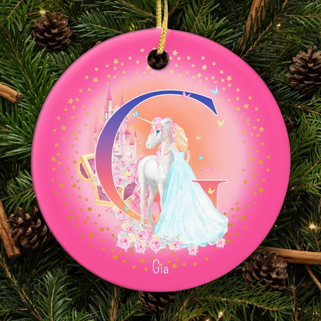 Unicorn och Princess Brev G Monogram jul Julgransprydnad Keramik (This pretty pink monogrammed Christmas ornament is perfect for your little princess!)