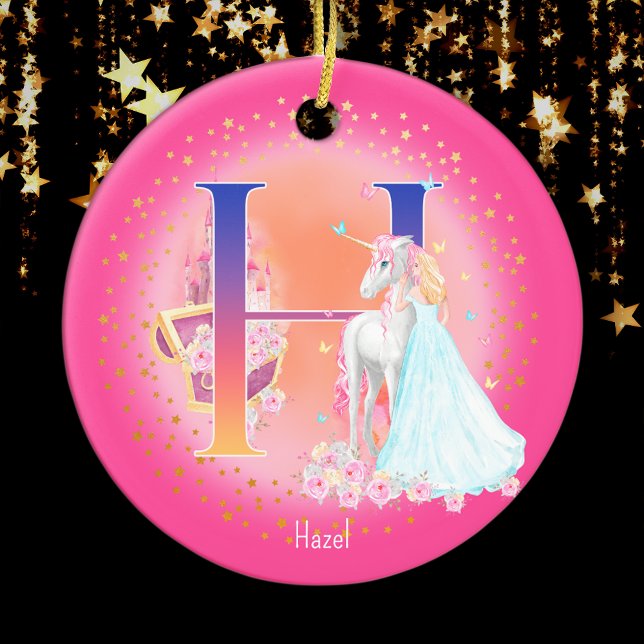 Unicorn och Princess Brev H Monogram jul Julgransprydnad Keramik (This pretty pink monogrammed Christmas ornament is perfect for your little princess!)