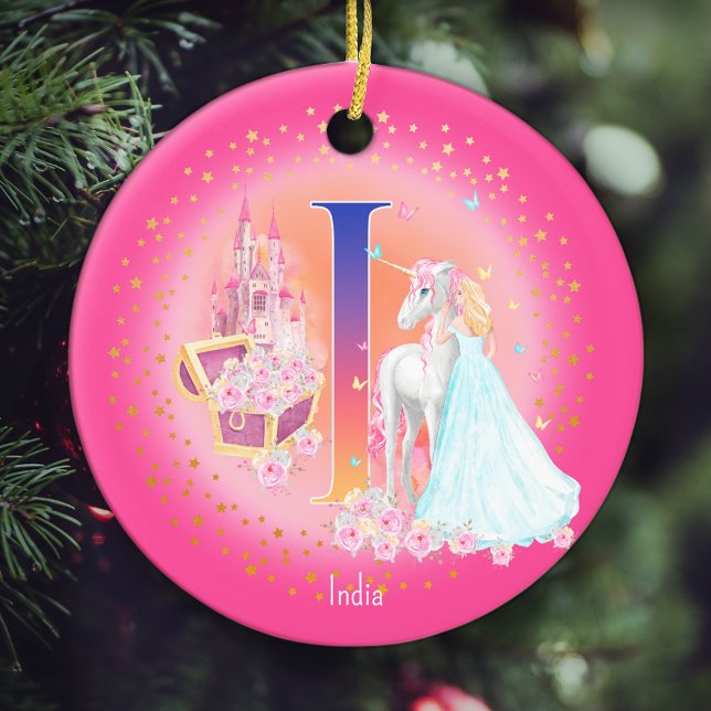 Unicorn och Princess Brev I Monogram jul Julgransprydnad Keramik (This pretty pink monogrammed Christmas ornament is perfect for your little princess!)