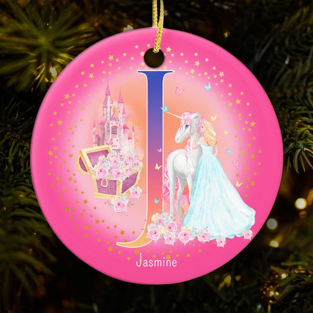 Unicorn och Princess Brev J Monogram jul Julgransprydnad Keramik (This pretty pink monogrammed Christmas ornament is perfect for your little princess!)
