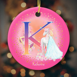 Unicorn och Princess Brev K Monogram jul Julgransprydnad Keramik