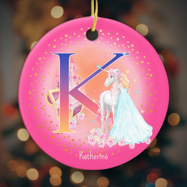 Unicorn och Princess Brev K Monogram jul Julgransprydnad Keramik (This pretty pink monogrammed Christmas ornament is perfect for your little princess!)
