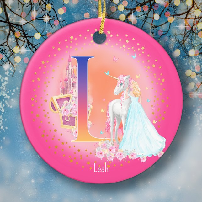 Unicorn och Princess Brev L Monogram jul Julgransprydnad Keramik (This pretty pink monogrammed Christmas ornament is perfect for your little princess!)