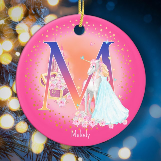 Unicorn och Princess Brev M Monogram jul Julgransprydnad Keramik (This pretty pink monogrammed Christmas ornament is perfect for your little princess!)