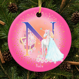 Unicorn och Princess Brev N Monogram jul Julgransprydnad Keramik