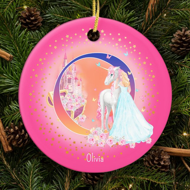 Unicorn och Princess Brev O Monogram jul Julgransprydnad Keramik (This pretty pink monogrammed Christmas ornament is perfect for your little princess!)