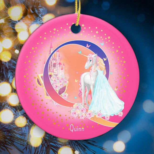 Unicorn och Princess Brev Q Monogram jul Julgransprydnad Keramik (This pretty pink monogrammed Christmas ornament is perfect for your little princess!)