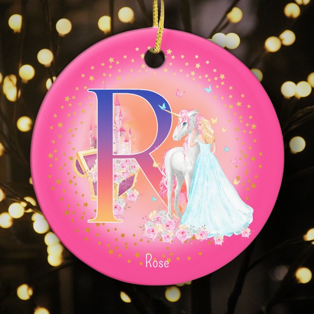 Unicorn och Princess Brev R Monogram jul Julgransprydnad Keramik (This pretty pink monogrammed Christmas ornament is perfect for your little princess!)