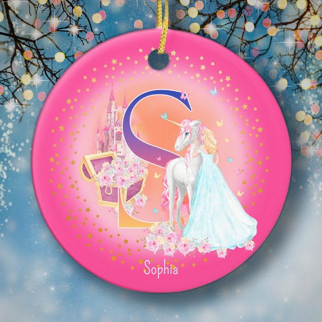 Unicorn och Princess Brev S Monogram jul Julgransprydnad Keramik (This pretty pink monogrammed Christmas ornament is perfect for your little princess!)