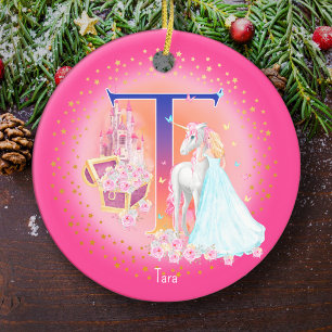 Unicorn och Princess Brev T Monogram jul Julgransprydnad Keramik