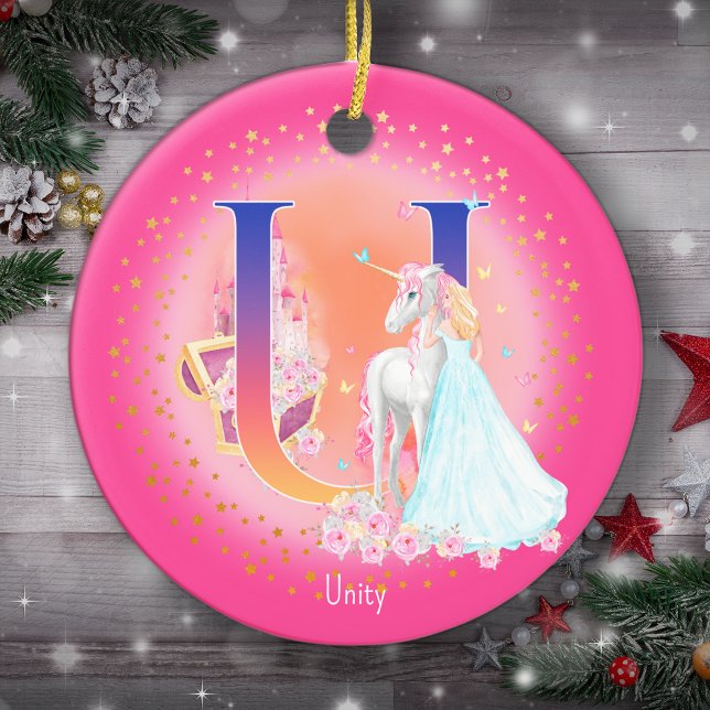 Unicorn och Princess Brev U Monogram jul Julgransprydnad Keramik (This pretty pink monogrammed Christmas ornament is perfect for your little princess!)