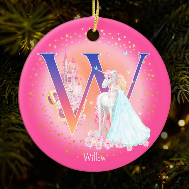 Unicorn och Princess Brev W Monogram jul Julgransprydnad Keramik (This pretty pink monogrammed Christmas ornament is perfect for your little princess!)