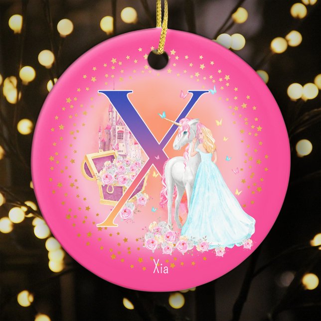 Unicorn och Princess Brev X Monogram jul Julgransprydnad Keramik (This pretty pink monogrammed Christmas ornament is perfect for your little princess!)