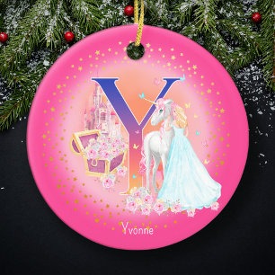 Unicorn och Princess Brev Y Monogram jul Julgransprydnad Keramik