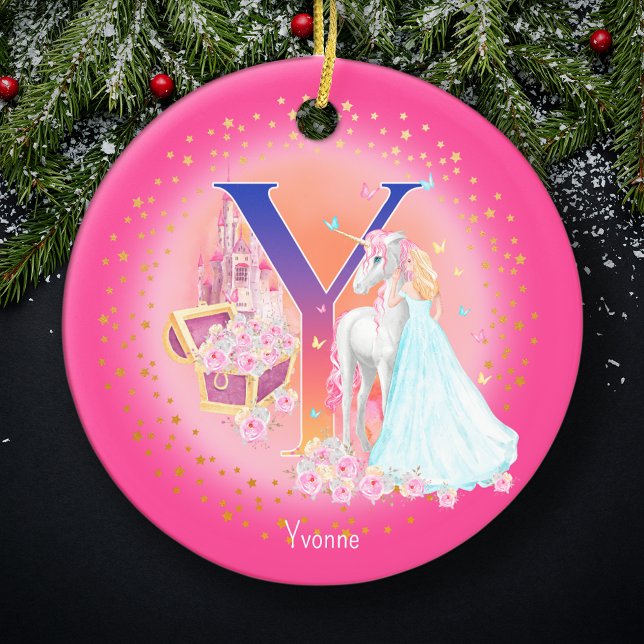 Unicorn och Princess Brev Y Monogram jul Julgransprydnad Keramik (This pretty pink monogrammed Christmas ornament is perfect for your little princess!)
