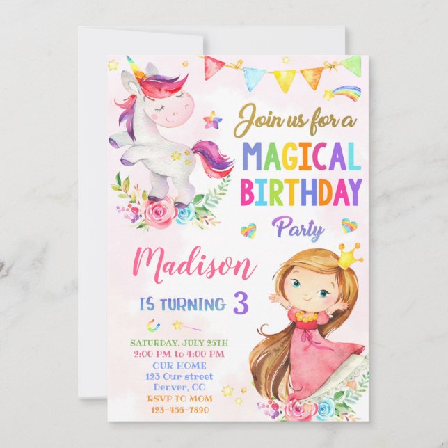 Unicorn och Princess-födelsedagsinbjudan Inbjudningar (Framsida)