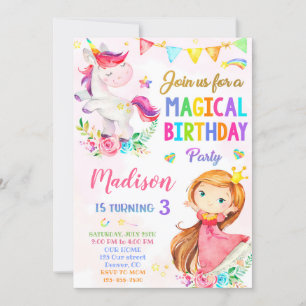 Unicorn och Princess-födelsedagsinbjudan Inbjudningar