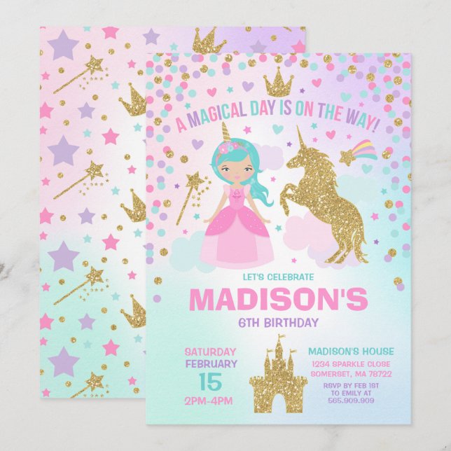 Unicorn och Princess Inbjudan Magical Födelsedag (Fram/baksida)