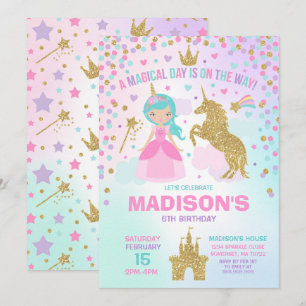 Unicorn och Princess Inbjudan Magical Födelsedag