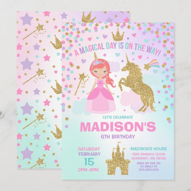 Unicorn och Princess Inbjudan Magical Födelsedag (Fram/baksida)