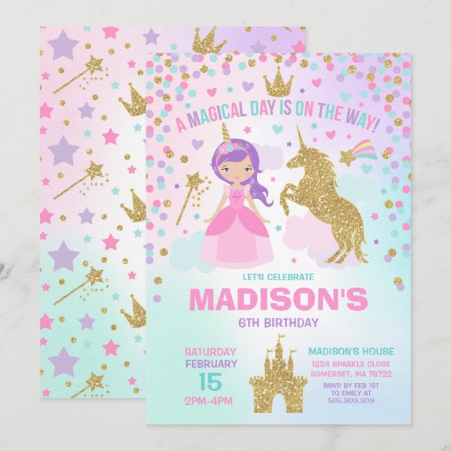 Unicorn och Princess Inbjudan Magical Födelsedag (Fram/baksida)