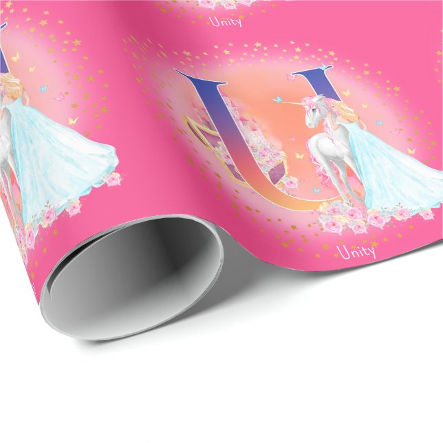 Unicorn och Princess med Castle Brev U Monogram Presentpapper (Rullad Hörn)