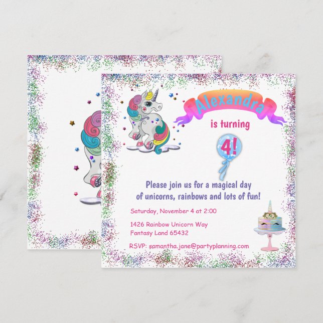 Unicorn och Rainbow Glitter födelsedag Inbjudningar (Fram/baksida)