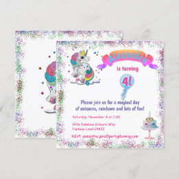 Unicorn och Rainbow Glitter födelsedag Inbjudningar