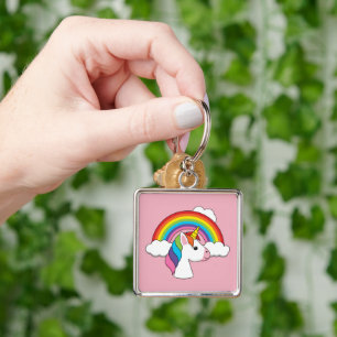 Unicorn och Rainbow med Clouds Kawaii Fyrkantig Silverfärgad Nyckelring