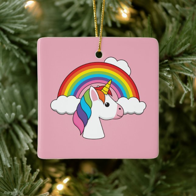 Unicorn och Rainbow med Clouds Kawaii Julgransprydnad Keramik (Träd)