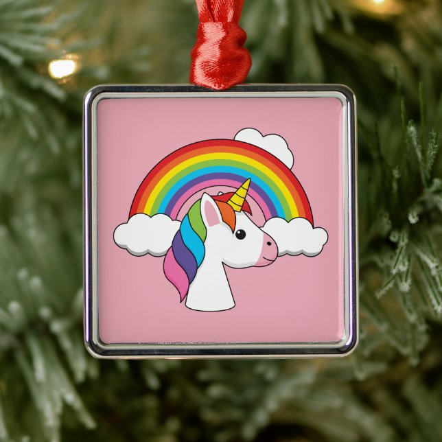 Unicorn och Rainbow med Clouds Kawaii Julgransprydnad Metall (Träd)
