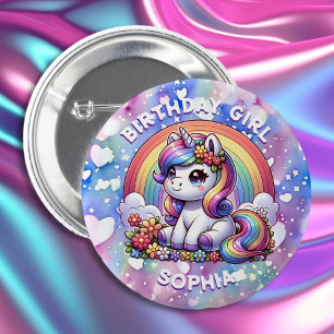 Unicorn och Rainbow Personlig Birthday Girl Knapp