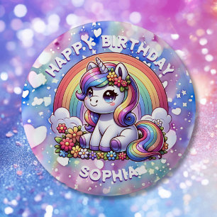 Unicorn och Rainbow Personlig Birthday Girl Knapp
