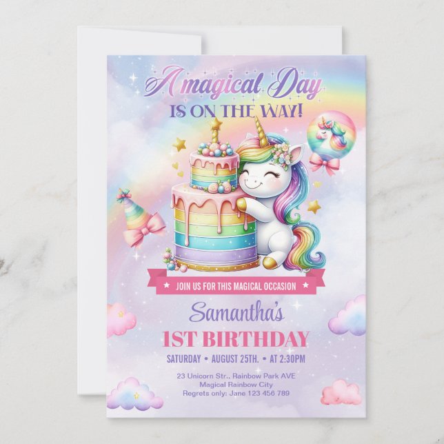 Unicorn och Rainbows Birthday Cake första födelsed Inbjudningar (Framsida)