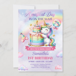 Unicorn och Rainbows Birthday Cake första födelsed Inbjudningar