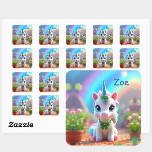 Unicorn och regnbåge i baby, flickors födelsedag fyrkantigt klistermärke