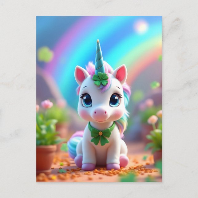 Unicorn och regnbåge i baby, flickors födelsedag inbjudan vykort (Framsida)