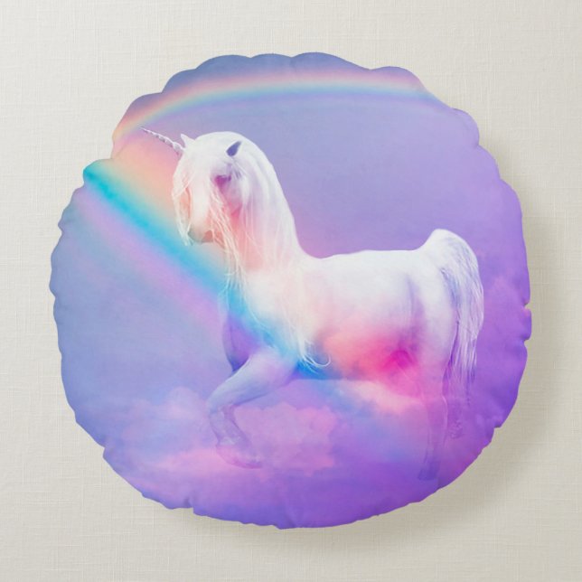 Unicorn och regnbåge rund kudde (Framsidan)